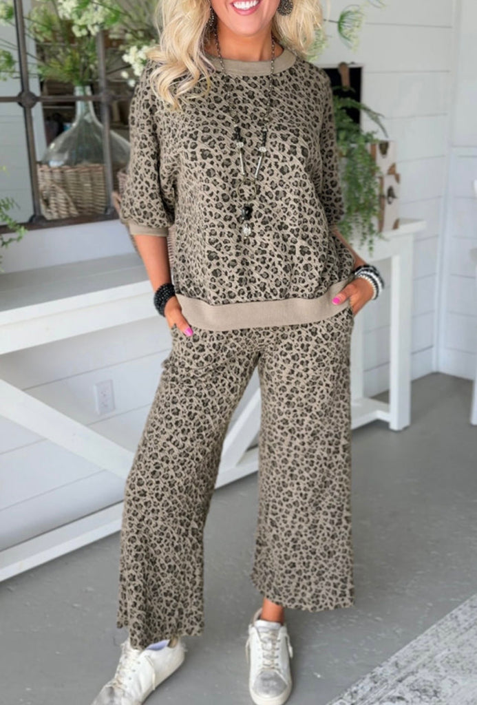 Khaki Jacquard Leopard Half Sleeve Jumper Wide leg set