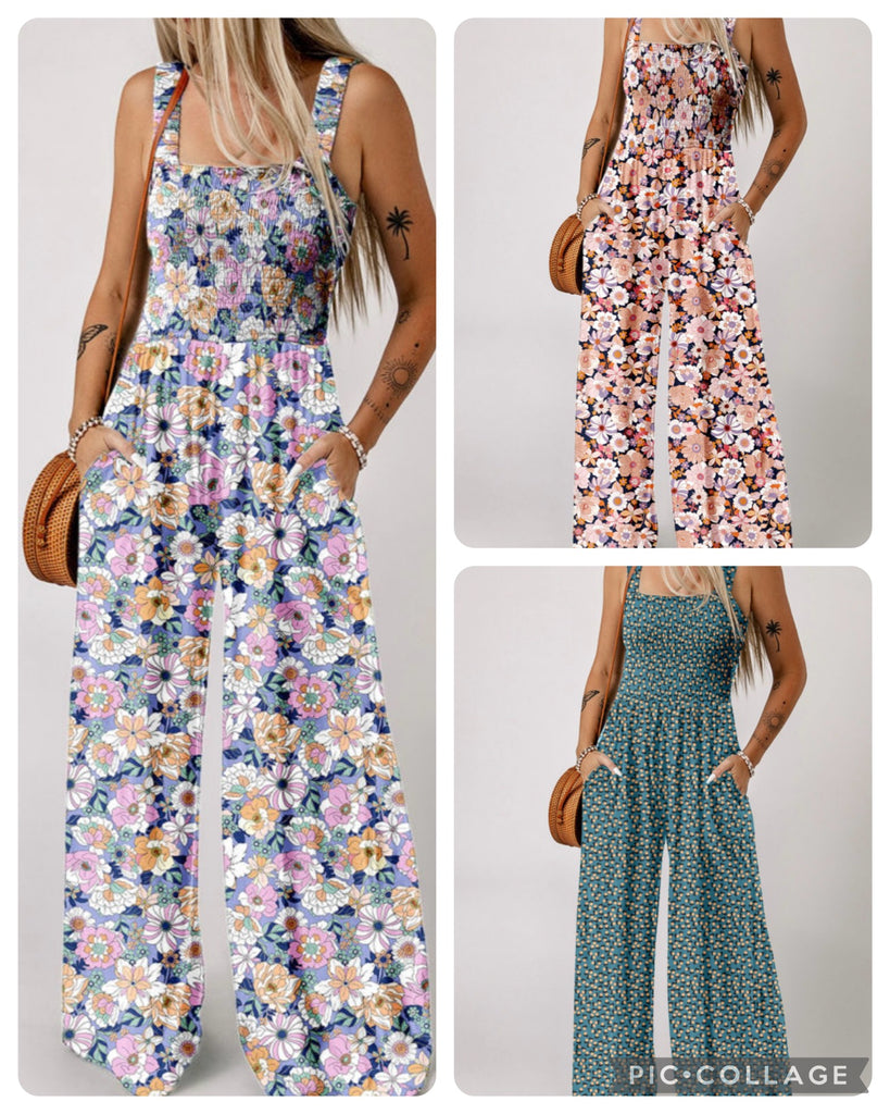 Purple, Brown or Green Floral Print Smocked High Waist Square Neck Jumpsuit