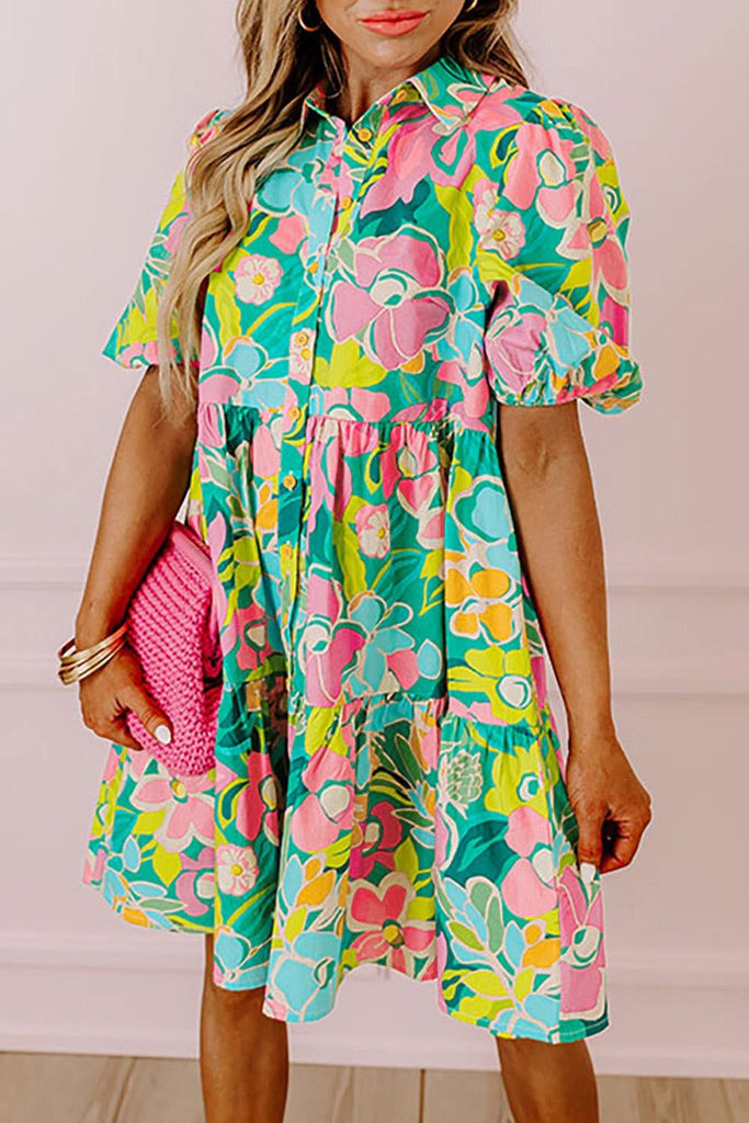 Floral Puff sleeve collar buttoned babydoll dress